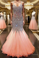 Trumpet/Mermaid V-neck Floor-Length Tulle Semi Formal Prom Dresses With Rhinestone